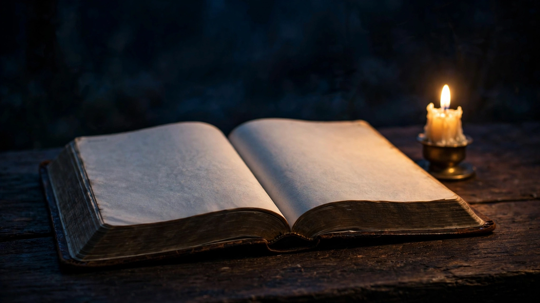 An open Bible on a wooden table at night, lit by a single candle